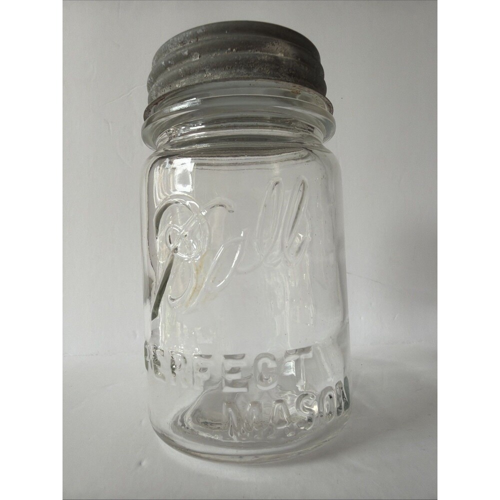 Antique Early 1900s Ball Perfect Mason Jar Pint Early Script Clear Zinc Lid